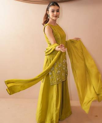 Women's Beautiful Embroidery Work French Crepe Fabric Straight Kurta Sharara and Dupatta Set 4
