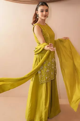 Women's Beautiful Embroidery Work French Crepe Fabric Straight Kurta Sharara and Dupatta Set