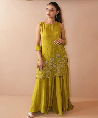 Women's Beautiful Embroidery Work French Crepe Fabric Straight Kurta Sharara and Dupatta Set 5