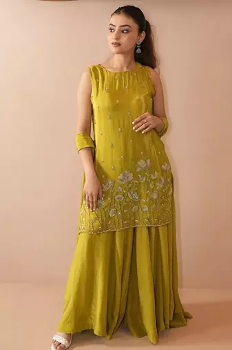 Women's Beautiful Embroidery Work French Crepe Fabric Straight Kurta Sharara and Dupatta Set