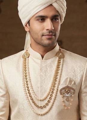   groom sherwani necklace moti mala layered for wedding | groom mala with brooch set 6