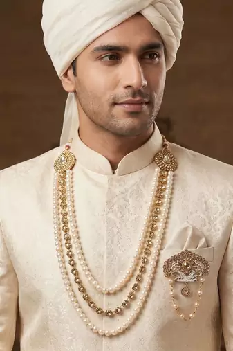   groom sherwani necklace moti mala layered for wedding | groom mala with brooch set