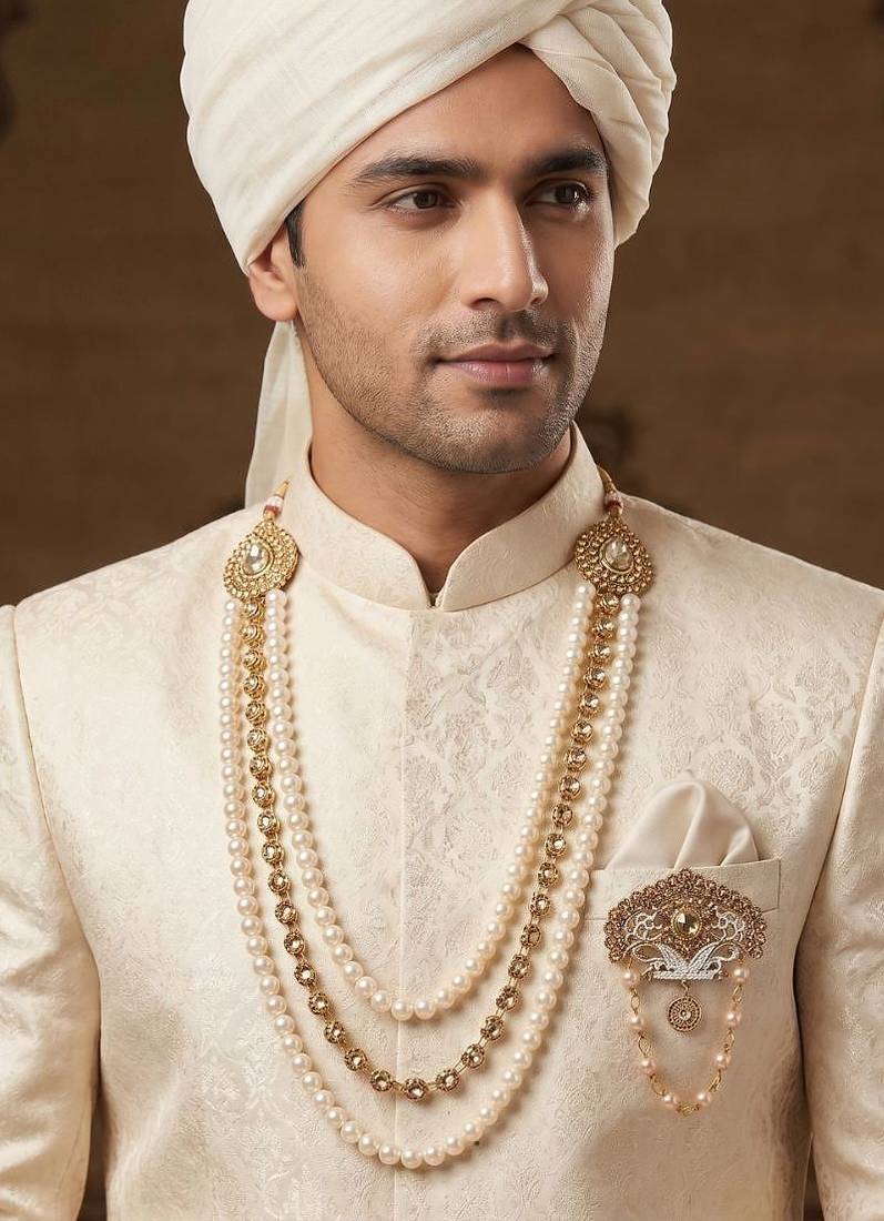   groom sherwani necklace moti mala layered for wedding | groom mala with brooch set