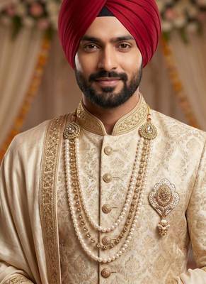   groom sherwani necklace moti mala layered for wedding | groom mala with brooch set 6