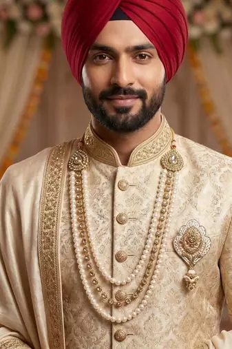   groom sherwani necklace moti mala layered for wedding | groom mala with brooch set