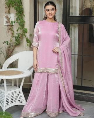 Women's Beautiful Embroidery Work Satin Fabric Straight Kurta Sharara and Dupatta Set 1