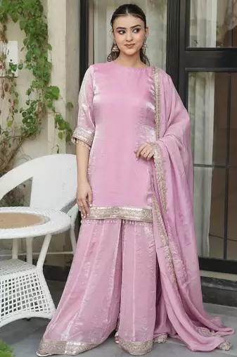 Women's Beautiful Embroidery Work Satin Fabric Straight Kurta Sharara and Dupatta Set