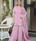 Women's Beautiful Embroidery Work Satin Fabric Straight Kurta Sharara and Dupatta Set