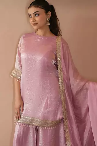 Women's Beautiful Embroidery Work Satin Fabric Straight Kurta Sharara and Dupatta Set