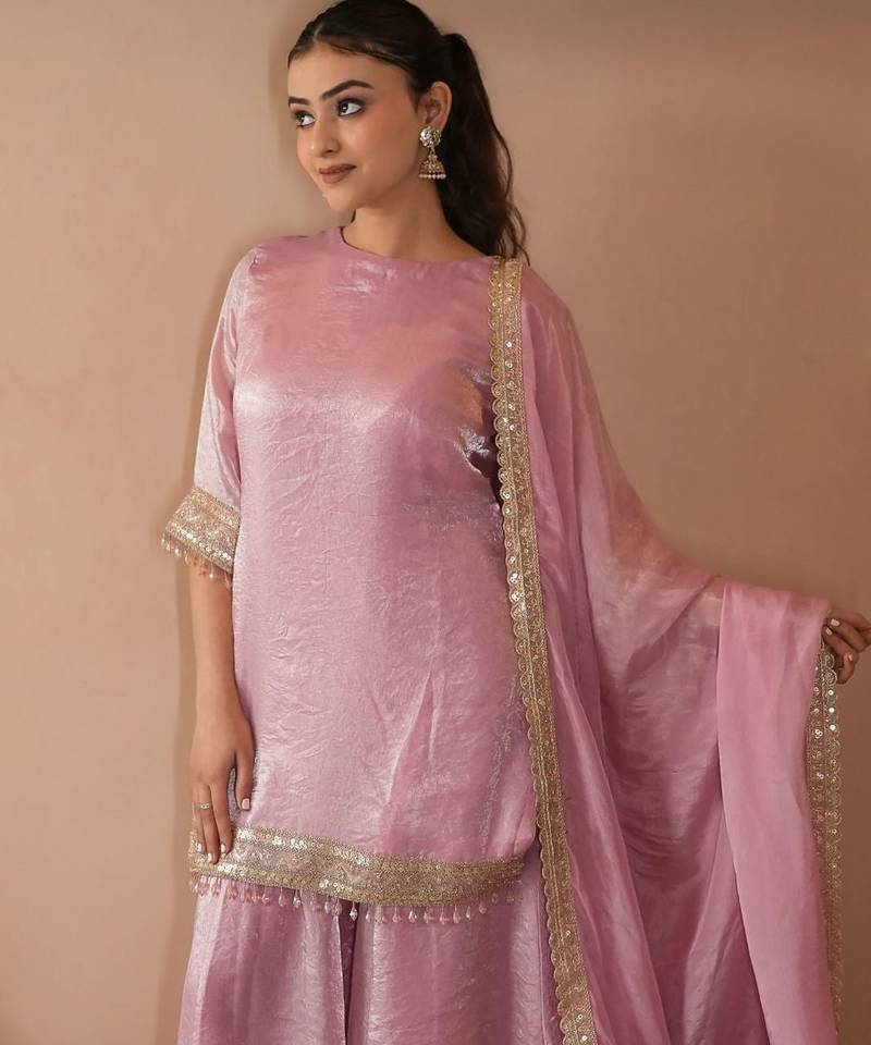 Women's Beautiful Embroidery Work Satin Fabric Straight Kurta Sharara and Dupatta Set