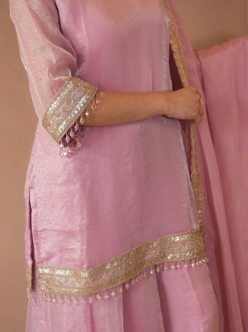 Women's Beautiful Embroidery Work Satin Fabric Straight Kurta Sharara and Dupatta Set