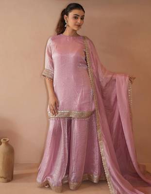 Women's Beautiful Embroidery Work Satin Fabric Straight Kurta Sharara and Dupatta Set 5