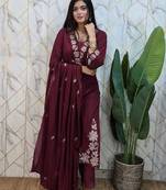 Women Maroon Embroidered Kurta Set with Dupatta