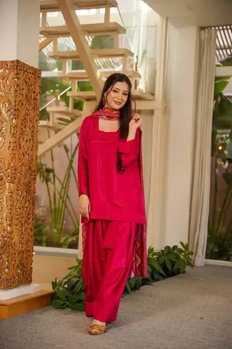 Women's Beautiful Solid Silk Crepe Fabric Straight Kurta Patiala and Dupatta Set