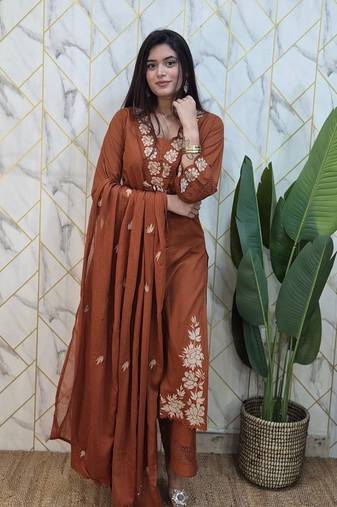 Women Rust Embroidered Kurta Set with Dupatta 