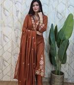Women Rust Embroidered Kurta Set with Dupatta 