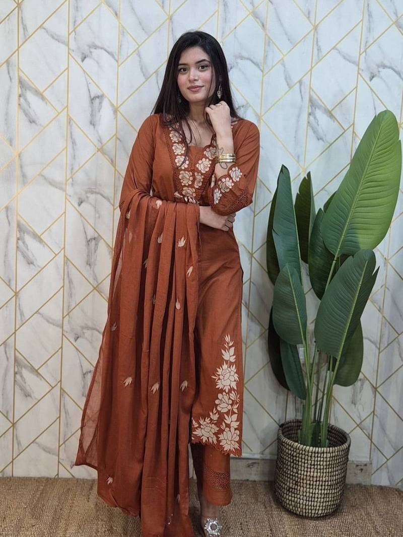 Women Rust Embroidered Kurta Set with Dupatta 
