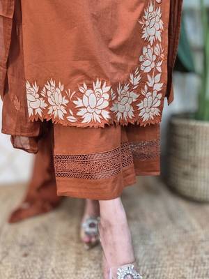 Women Rust Embroidered Kurta Set with Dupatta  2
