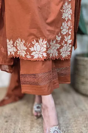 Women Rust Embroidered Kurta Set with Dupatta 