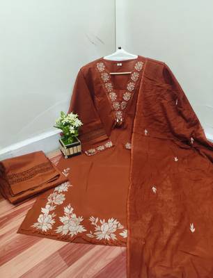 Women Rust Embroidered Kurta Set with Dupatta  3