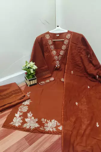 Women Rust Embroidered Kurta Set with Dupatta 