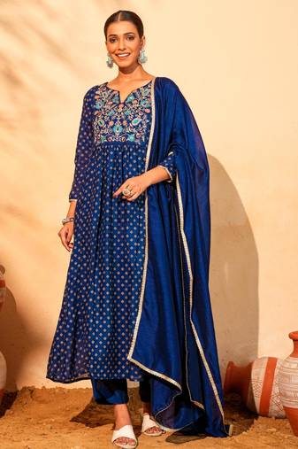 Women's Beautiful Embroidery Work Vichitra Silk Fabric Flared Kurta Pant and Dupatta Set