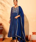 Women's Beautiful Embroidery Work Vichitra Silk Fabric Flared Kurta Pant and Dupatta Set