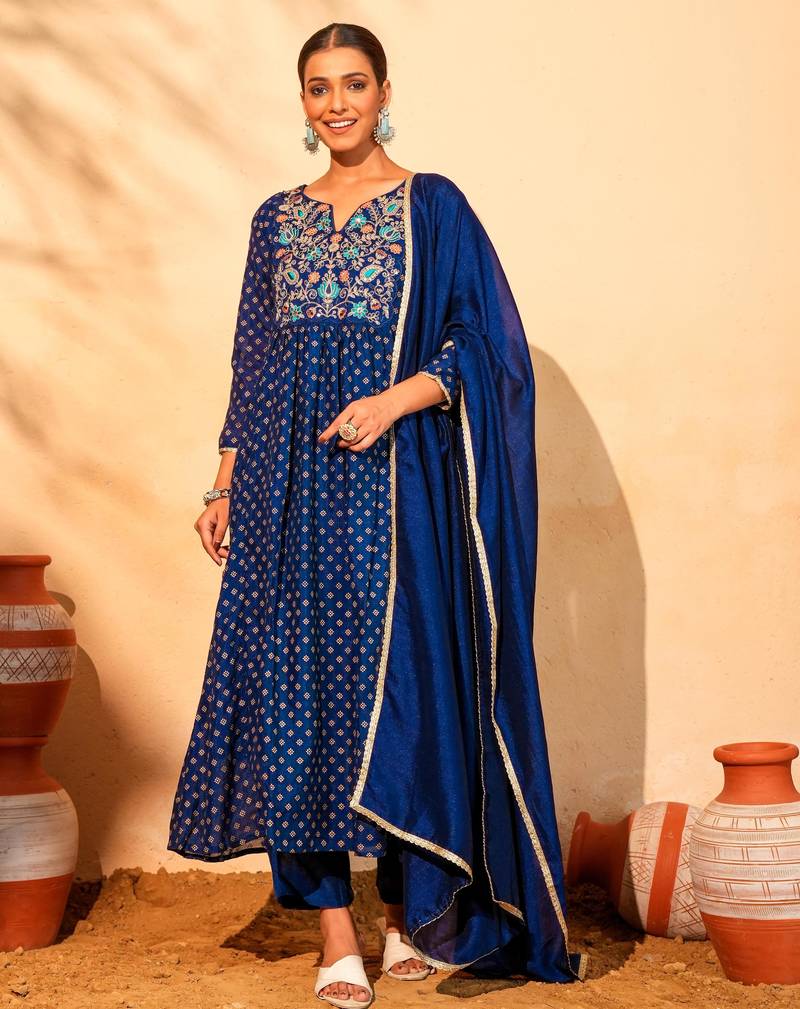 Women's Beautiful Embroidery Work Vichitra Silk Fabric Flared Kurta Pant and Dupatta Set