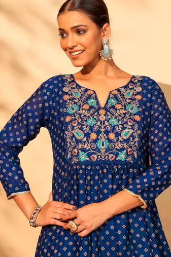 Women's Beautiful Embroidery Work Vichitra Silk Fabric Flared Kurta Pant and Dupatta Set