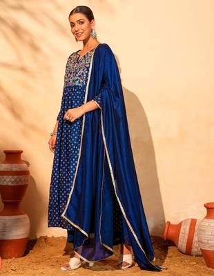 Women's Beautiful Embroidery Work Vichitra Silk Fabric Flared Kurta Pant and Dupatta Set 3