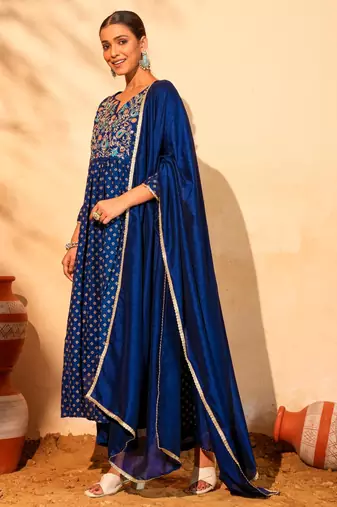 Women's Beautiful Embroidery Work Vichitra Silk Fabric Flared Kurta Pant and Dupatta Set