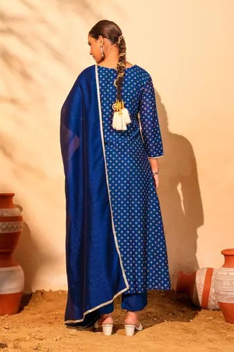 Women's Beautiful Embroidery Work Vichitra Silk Fabric Flared Kurta Pant and Dupatta Set