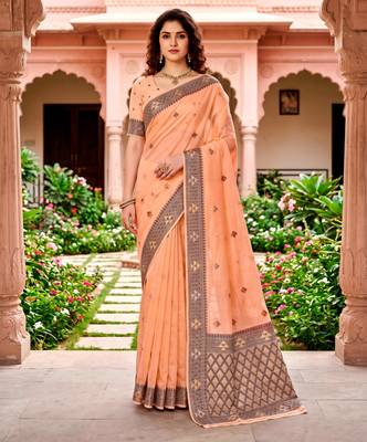 Sangam prints peach cotton blend woven work traditional saree 1