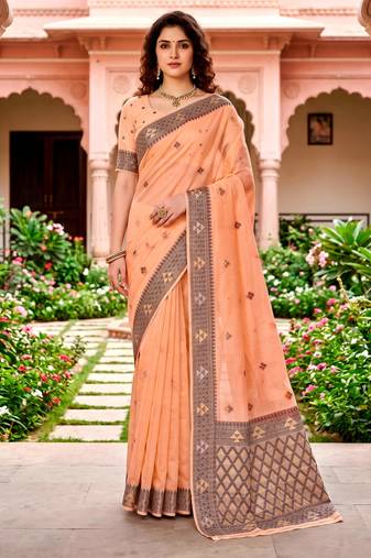 Sangam prints peach cotton blend woven work traditional saree