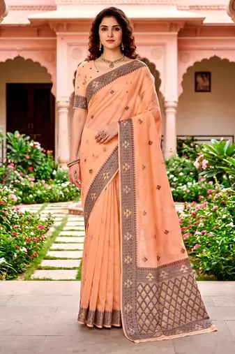 Sangam prints peach cotton blend woven work traditional saree