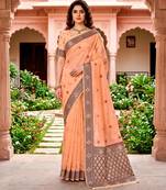 Sangam prints peach cotton blend woven work traditional saree