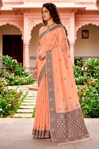 Sangam prints peach cotton blend woven work traditional saree
