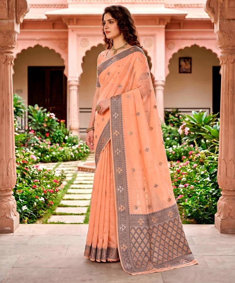 Sangam prints peach cotton blend woven work traditional saree