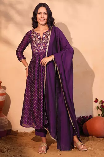 Women's Beautiful Embroidery Work Vichitra Silk Fabric Flared Kurta Pant and Dupatta Set