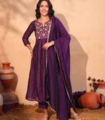 Women's Beautiful Embroidery Work Vichitra Silk Fabric Flared Kurta Pant and Dupatta Set