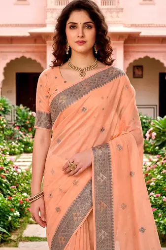 Sangam prints peach cotton blend woven work traditional saree