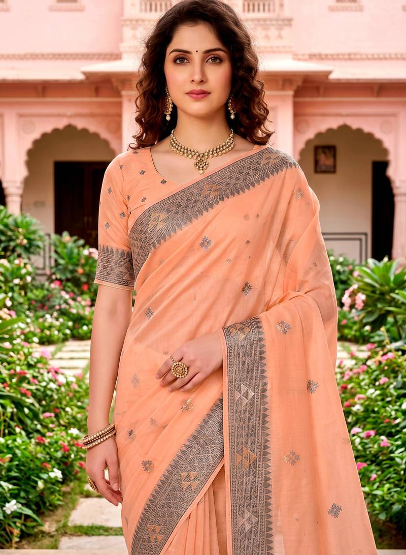 Sangam prints peach cotton blend woven work traditional saree
