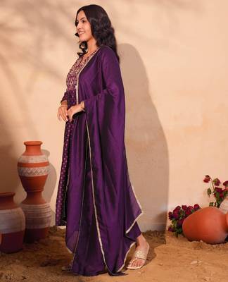 Women's Beautiful Embroidery Work Vichitra Silk Fabric Flared Kurta Pant and Dupatta Set 3