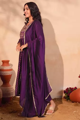 Women's Beautiful Embroidery Work Vichitra Silk Fabric Flared Kurta Pant and Dupatta Set