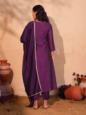 Women's Beautiful Embroidery Work Vichitra Silk Fabric Flared Kurta Pant and Dupatta Set 4