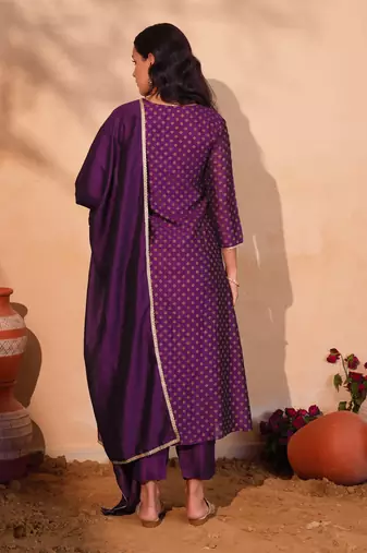 Women's Beautiful Embroidery Work Vichitra Silk Fabric Flared Kurta Pant and Dupatta Set