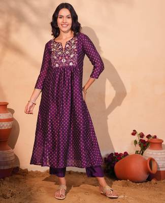 Women's Beautiful Embroidery Work Vichitra Silk Fabric Flared Kurta Pant and Dupatta Set 5