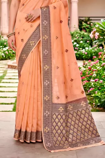 Sangam prints peach cotton blend woven work traditional saree