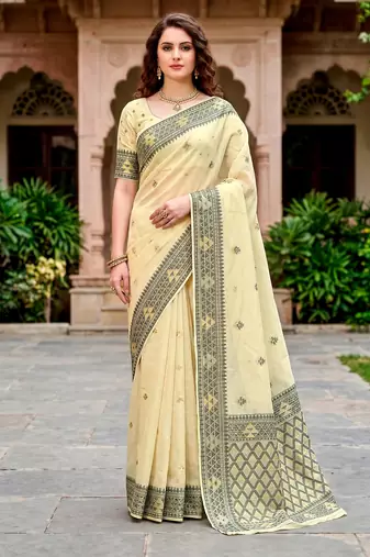 Sangam prints light yellow cotton blend woven work traditional saree