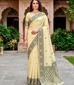 Sangam prints light yellow cotton blend woven work traditional saree